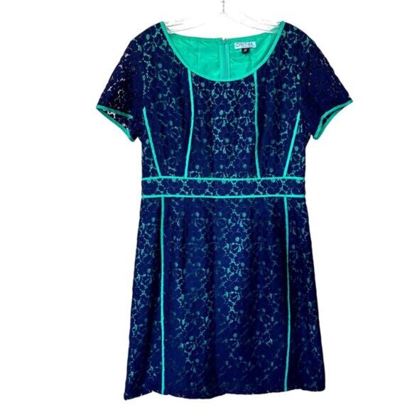 Cynthia Rowley Wms 10 Short Sleeve Blue Green Lace Floral Overlay Sheath Dress